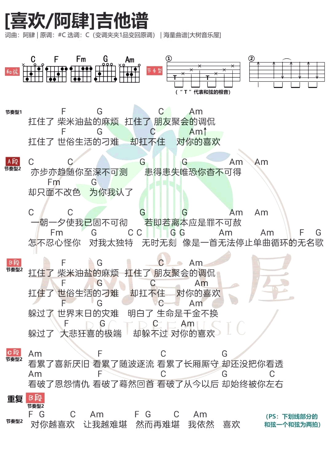 阿肆喜欢吉他谱,简单和弦原版指弹曲谱,阿肆高清六线乐谱