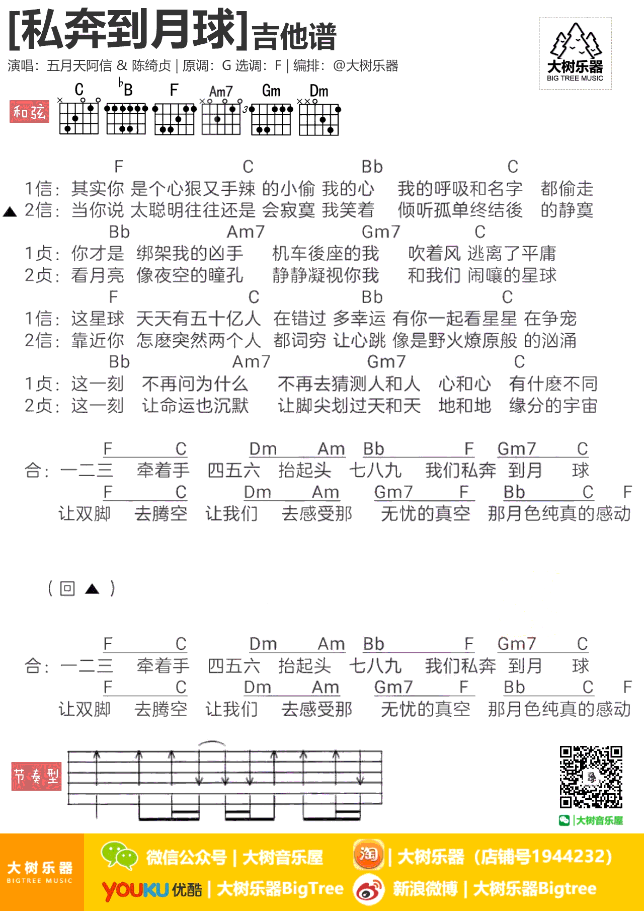 五月天&陈绮贞私奔到月球吉他谱,简单C调原版指弹曲谱,五月天高清六线乐谱