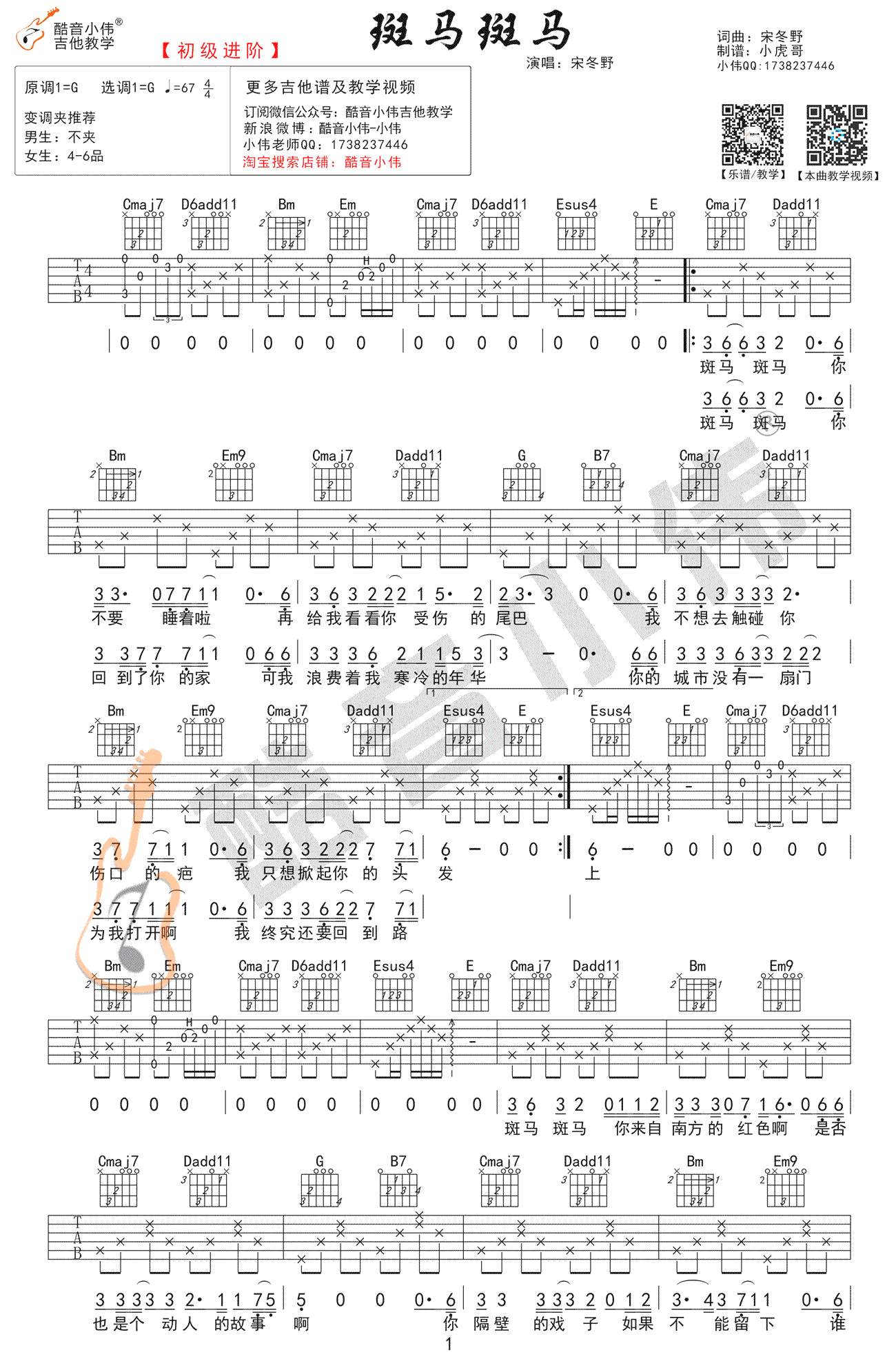 宋冬野斑马斑马吉他谱,简单两个原版指弹曲谱,宋冬野高清六线乐谱