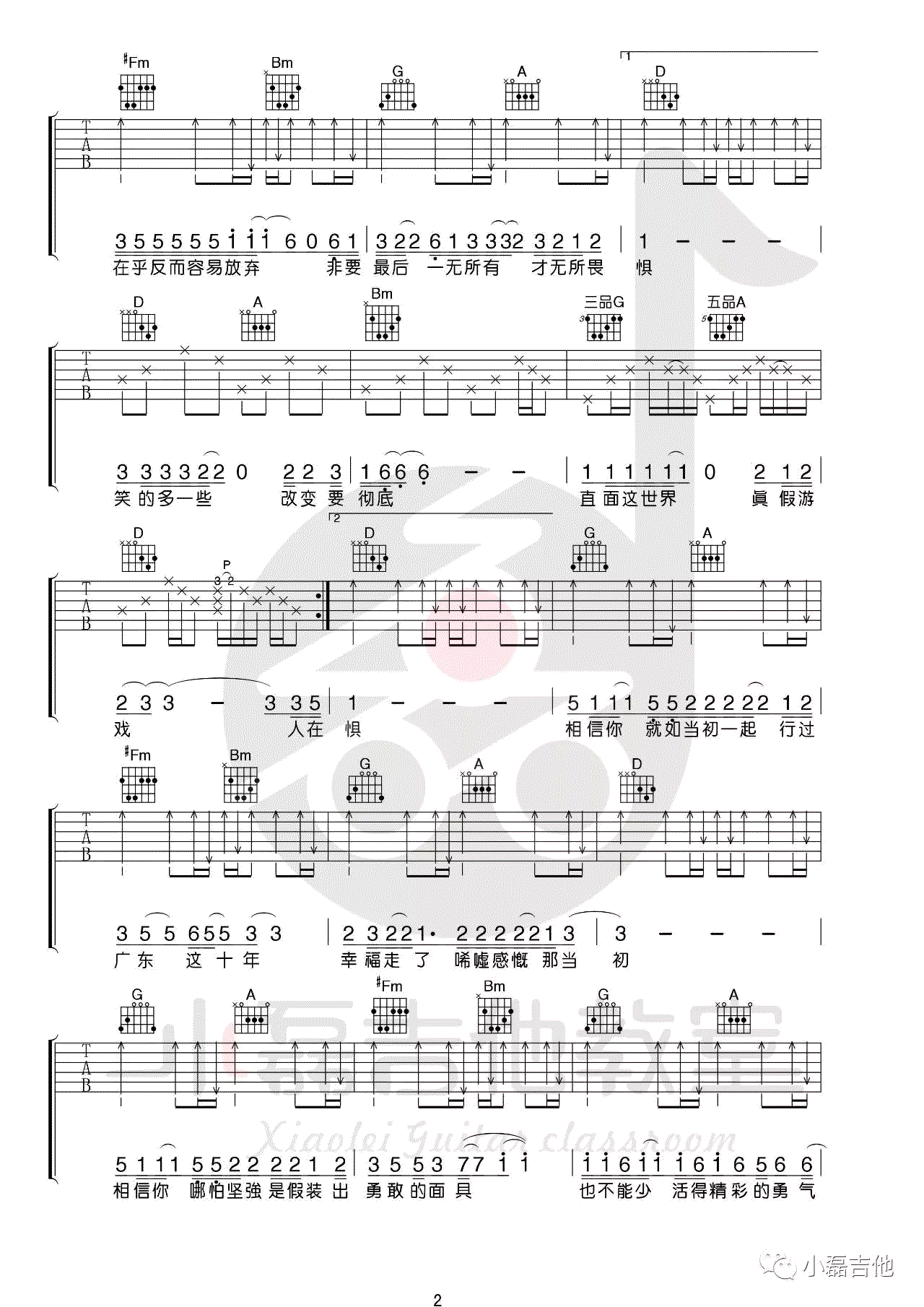 广东雨神广东爱情故事吉他谱,简单选用原版指弹曲谱,广东雨神高清六线乐谱