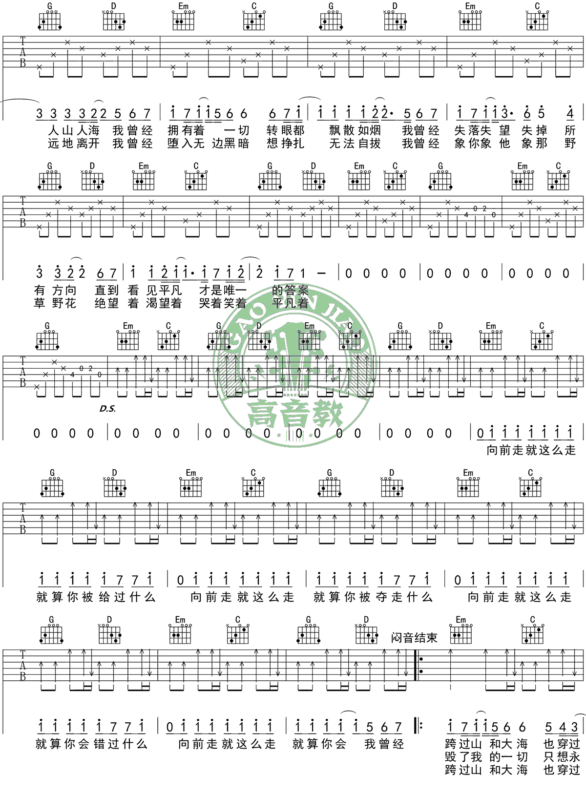 朴树平凡之路吉他谱,简单C调原版指弹曲谱,朴树高清六线乐谱