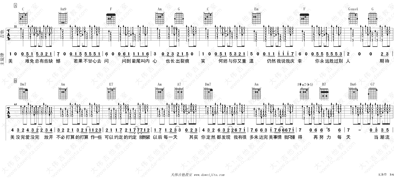 陈奕迅无条件吉他谱,简单C调原版指弹曲谱,陈奕迅高清六线乐谱