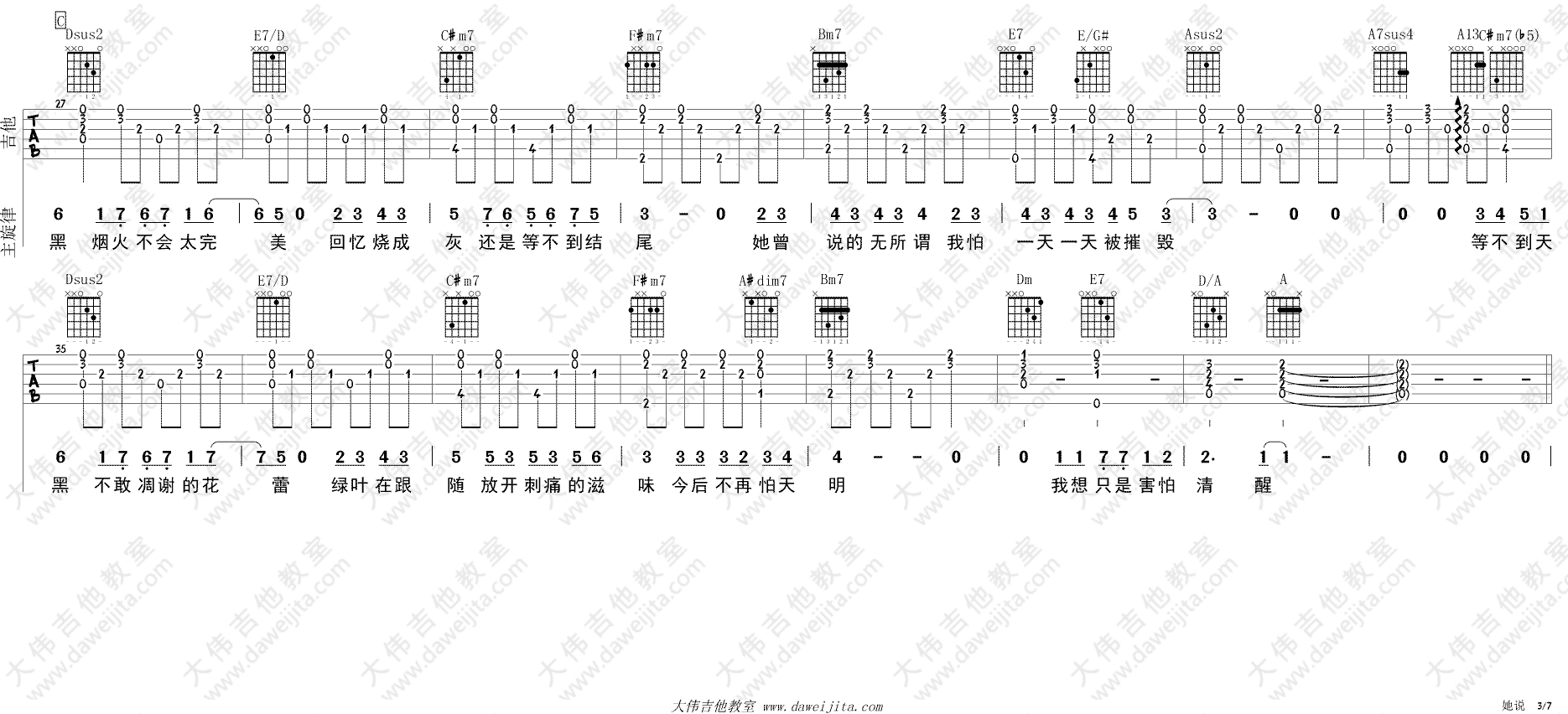 林俊杰她说吉他谱,简单男声原版指弹曲谱,林俊杰高清六线乐谱