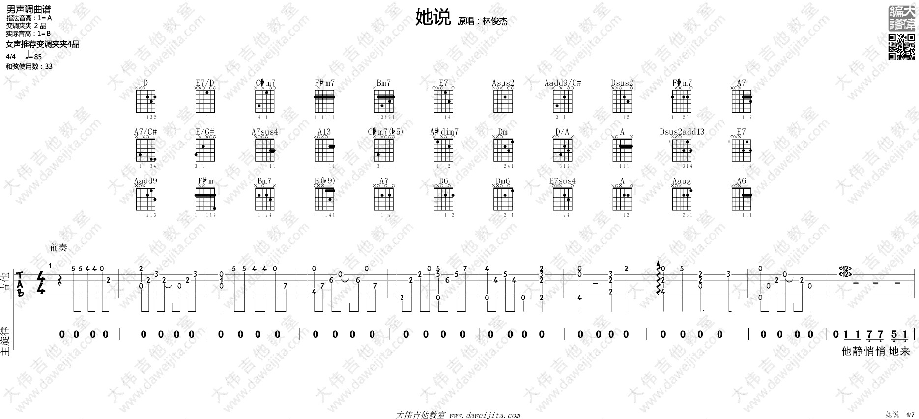 林俊杰她说吉他谱,简单男声原版指弹曲谱,林俊杰高清六线乐谱