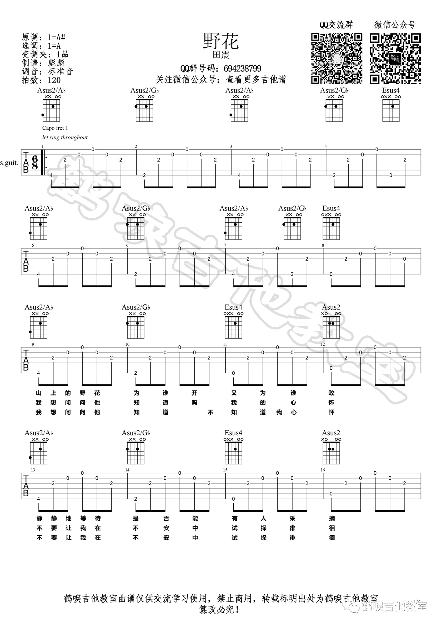 野花吉他谱,原版歌曲,简单A调弹唱教学,六线谱指弹简谱4张图