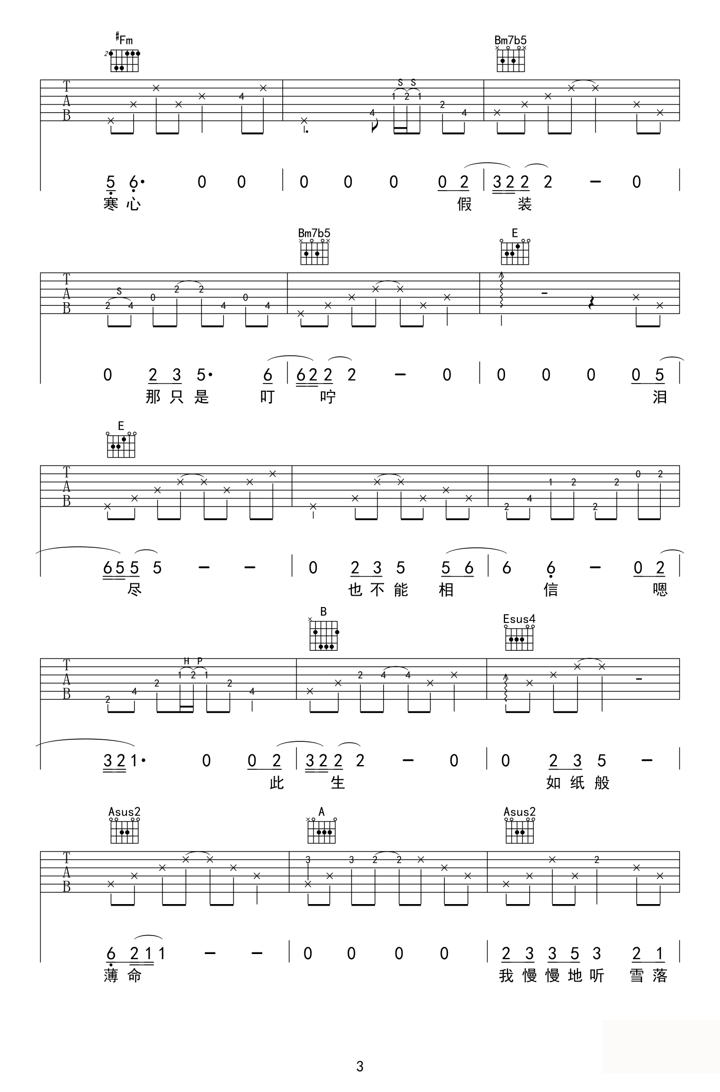 陆虎&秦岚雪落下的声音吉他谱,简单A调原版指弹曲谱,陆虎高清六线乐谱