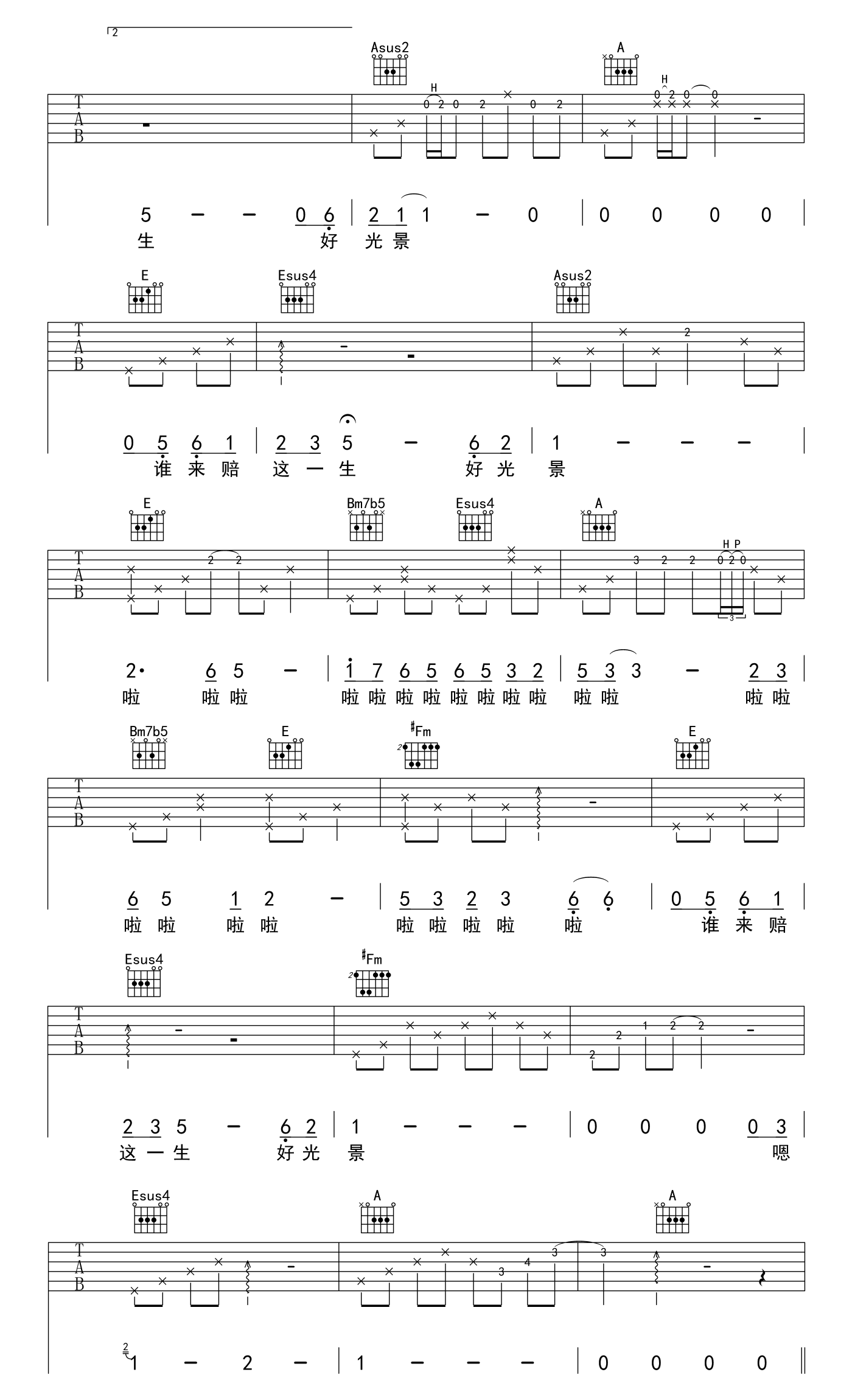 陆虎&秦岚雪落下的声音吉他谱,简单A调原版指弹曲谱,陆虎高清六线乐谱