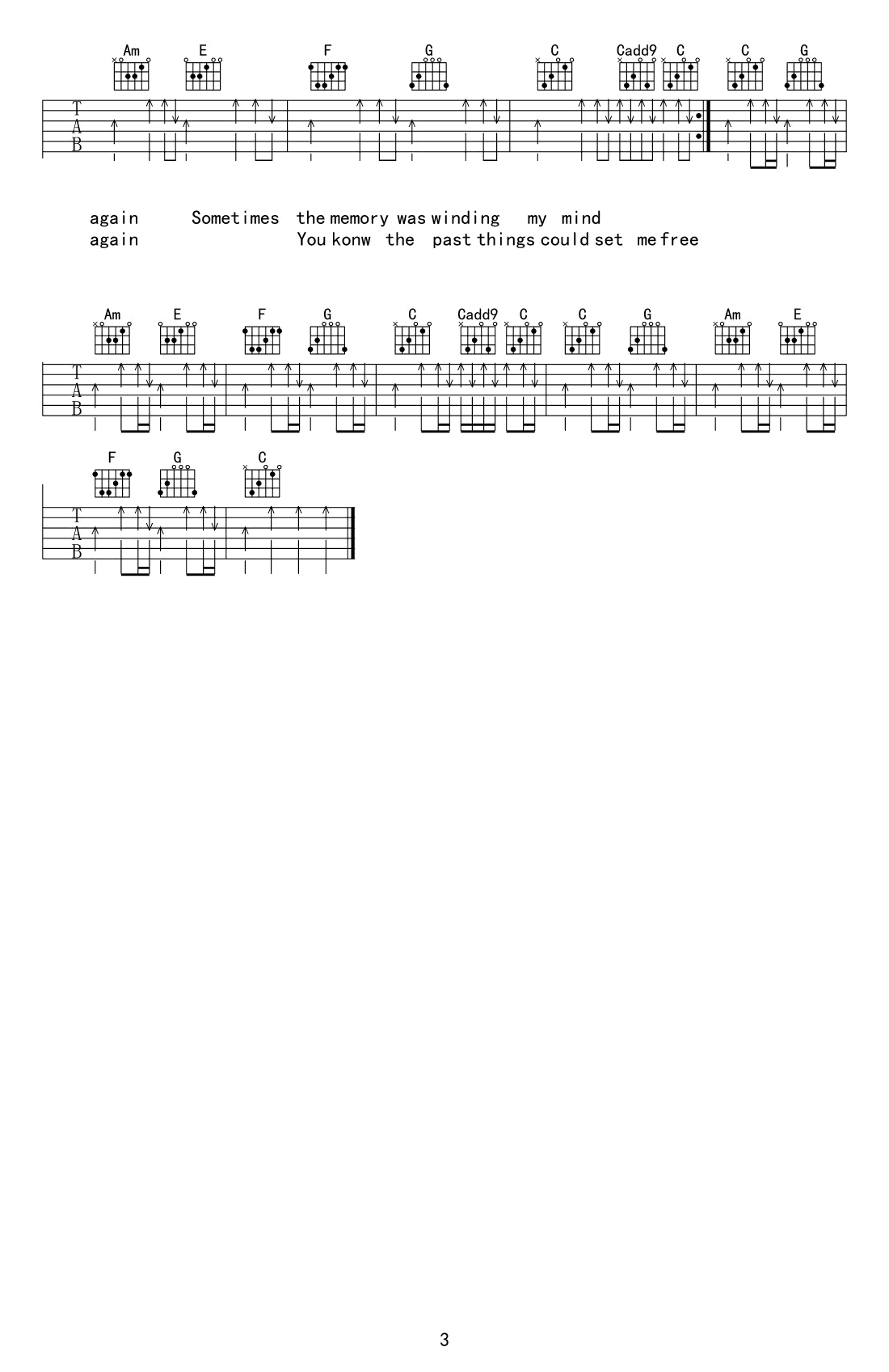 盘尼西林再谈记忆SayitAga吉他谱,简单三张原版指弹曲谱,盘尼西林高清六线乐谱