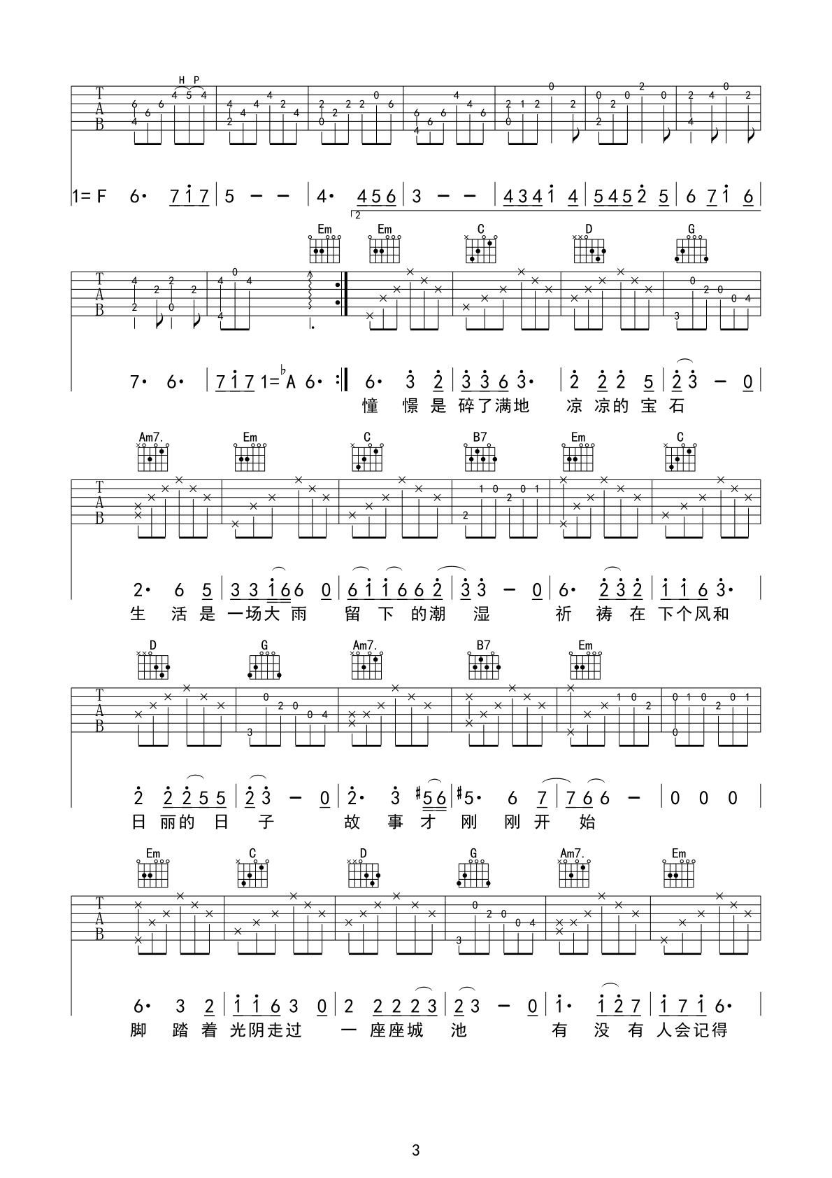 深夜一角吉他谱,原版歌曲,简单A调弹唱教学,六线谱指弹简谱4张图