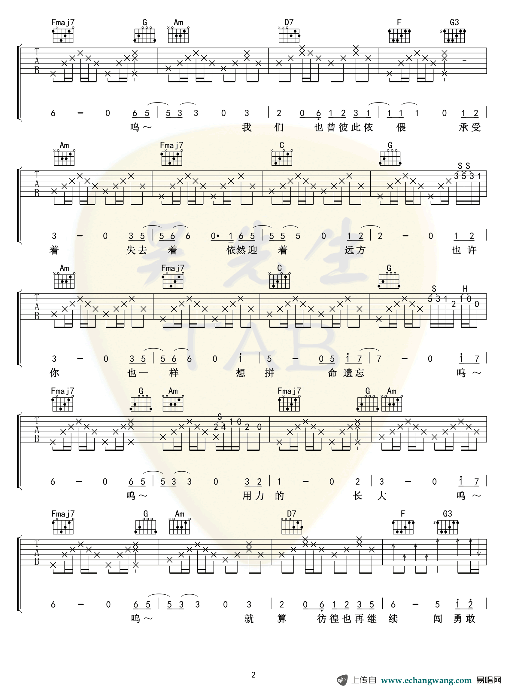 无畏吉他谱,原版歌曲,简单D调弹唱教学,六线谱指弹简谱3张图