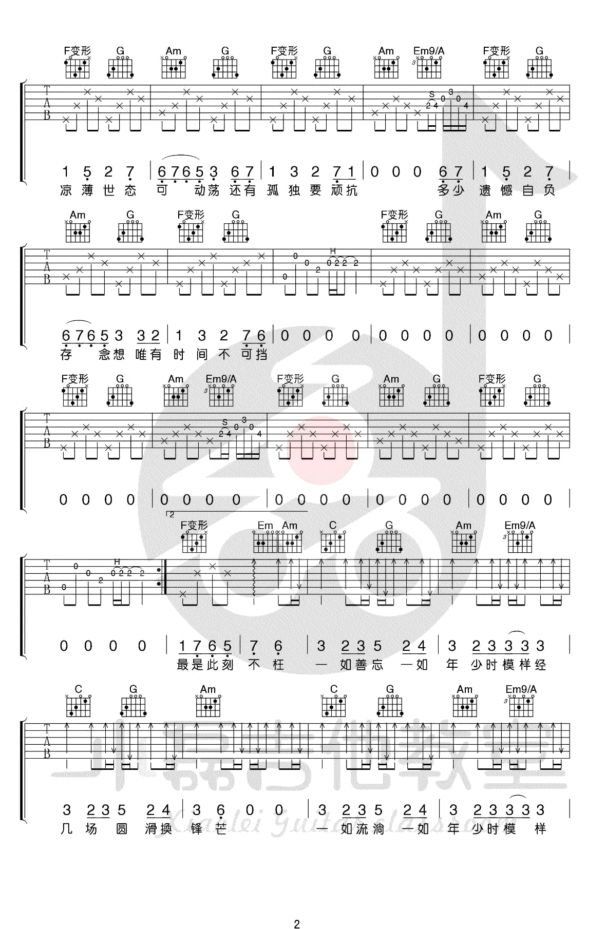 陈鸿宇一如年少模样吉他谱,简单选用原版指弹曲谱,陈鸿宇高清六线乐谱