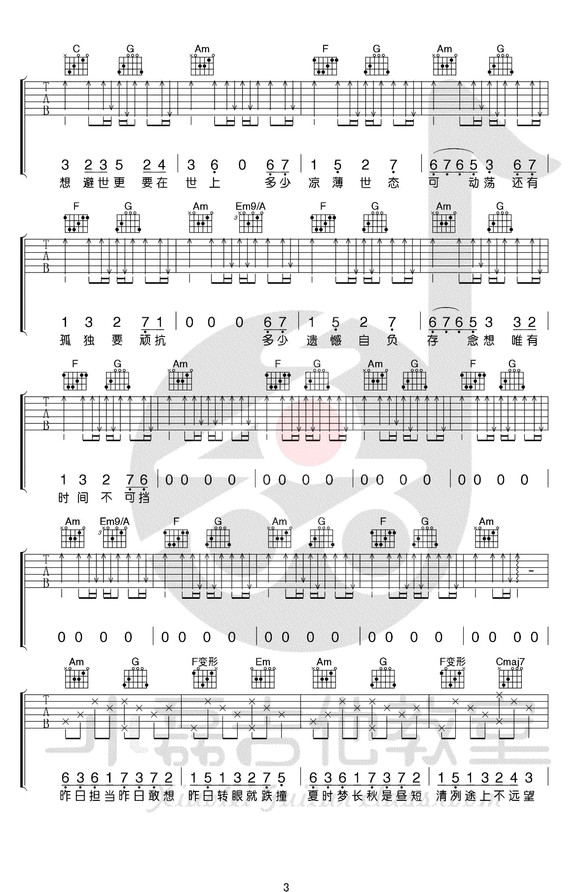 陈鸿宇一如年少模样吉他谱,简单选用原版指弹曲谱,陈鸿宇高清六线乐谱