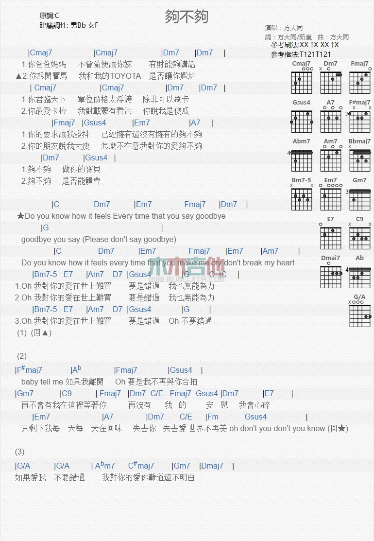 够不够吉他谱,简单C调原版指弹曲谱,方大同高清流行弹唱六线乐谱