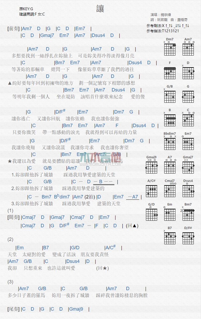 让吉他谱,简单C调原版指弹曲谱,杨宗纬高清流行弹唱六线乐谱