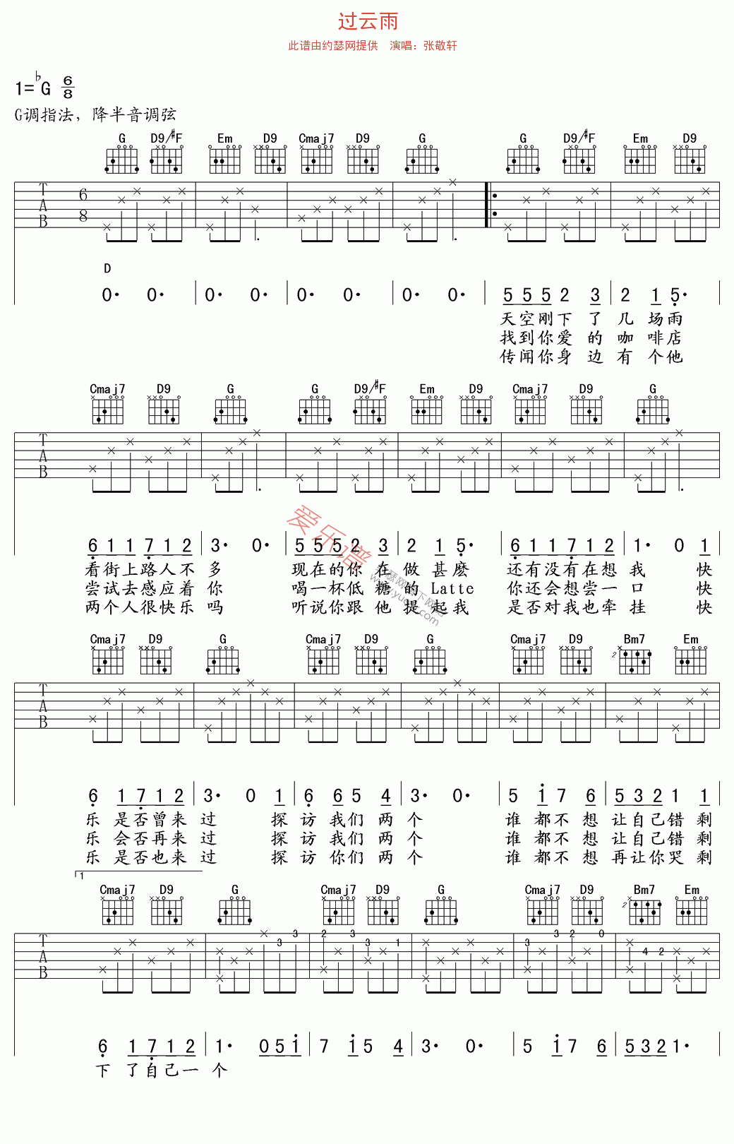 过云雨吉他谱,简单C调原版指弹曲谱,张敬轩高清流行弹唱六线乐谱