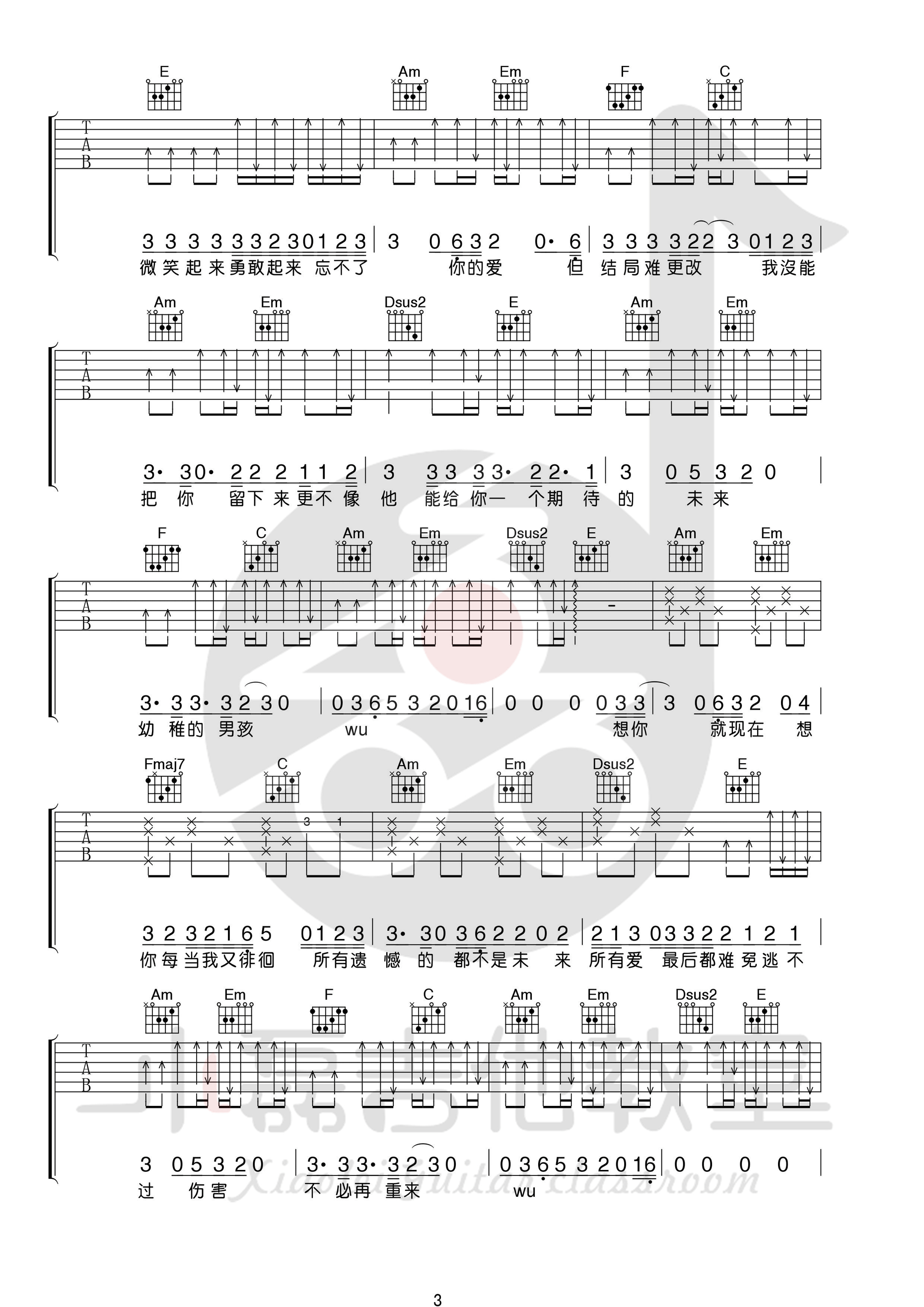 男孩吉他谱,原版歌曲,简单C调弹唱教学,六线谱指弹简谱4张图