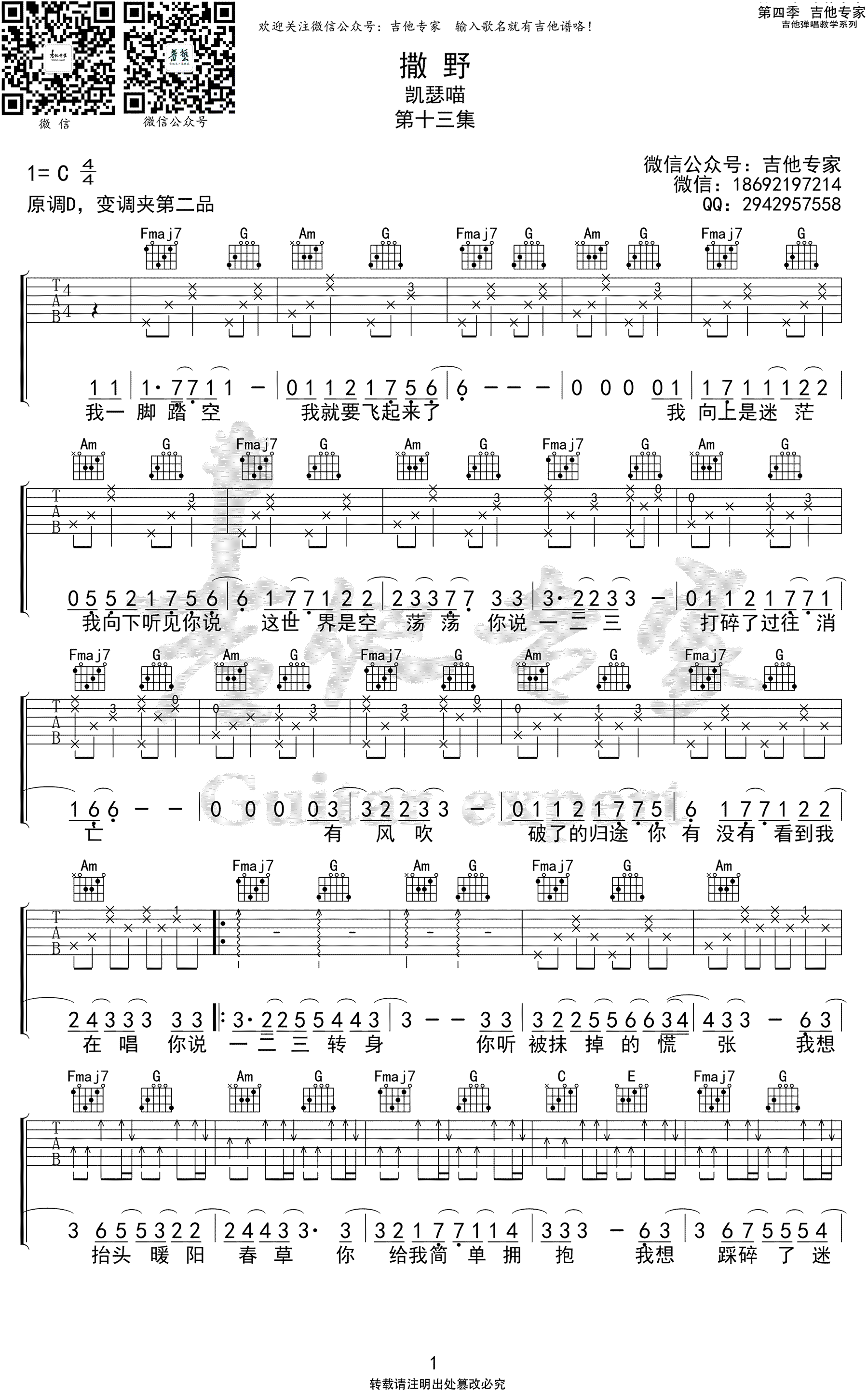 撒野吉他谱,原版歌曲,简单C调弹唱教学,六线谱指弹简谱2张图