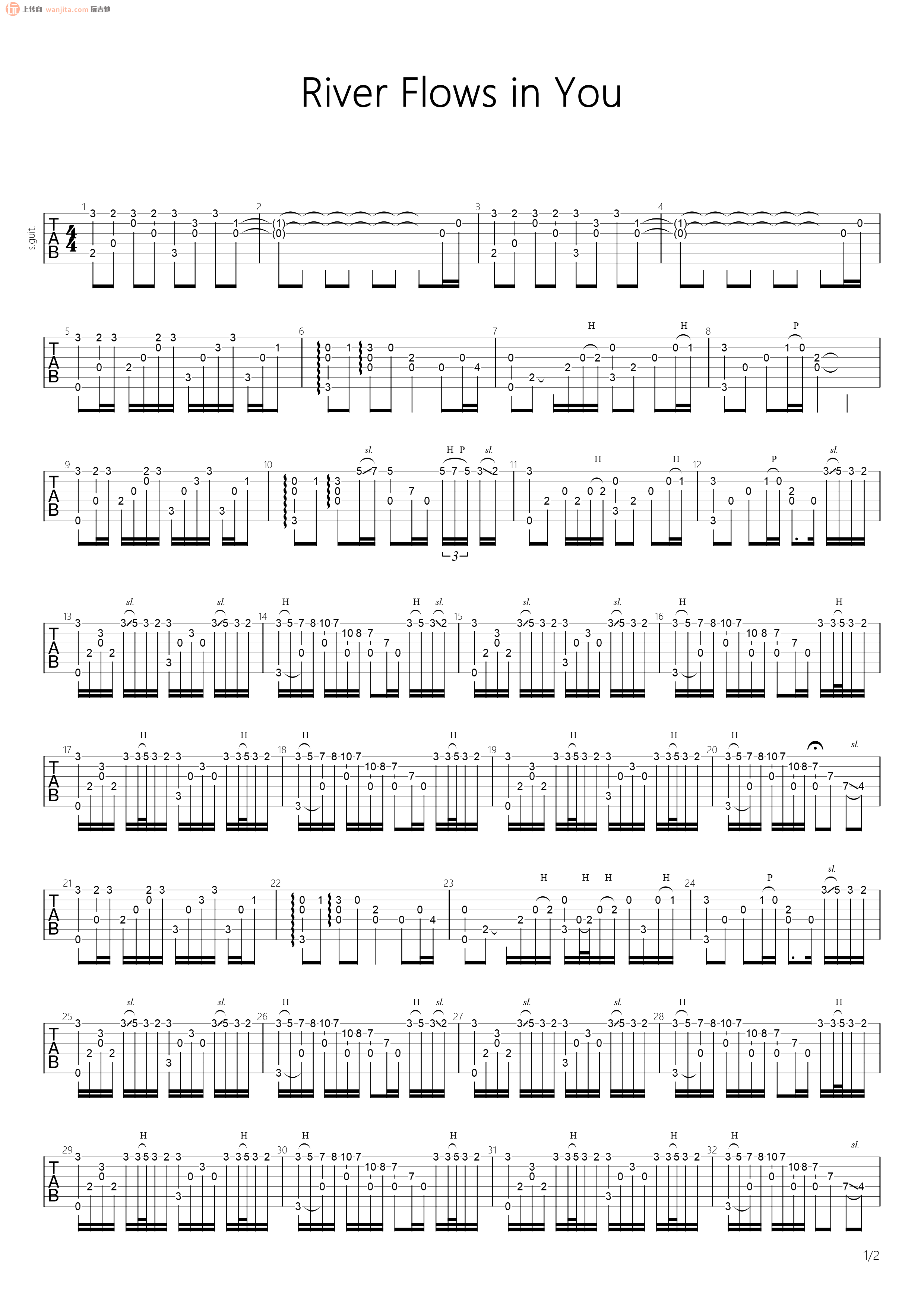 RiverFlowsInYou指弹吉他谱,原版歌曲,简单未知调弹唱教学,六线谱指弹简谱2张图