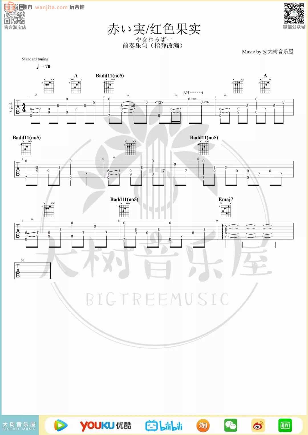 赤い実指弹吉他谱,原版歌曲,简单未知调弹唱教学,六线谱指弹简谱1张图