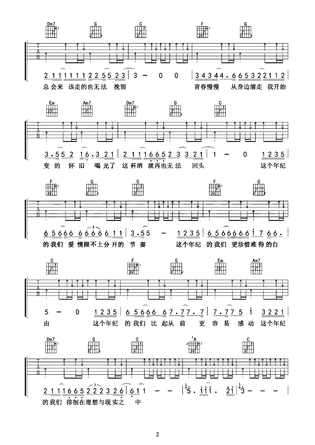 这个年纪吉他谱,原版歌曲,简单C调弹唱教学,六线谱指弹简谱2张图