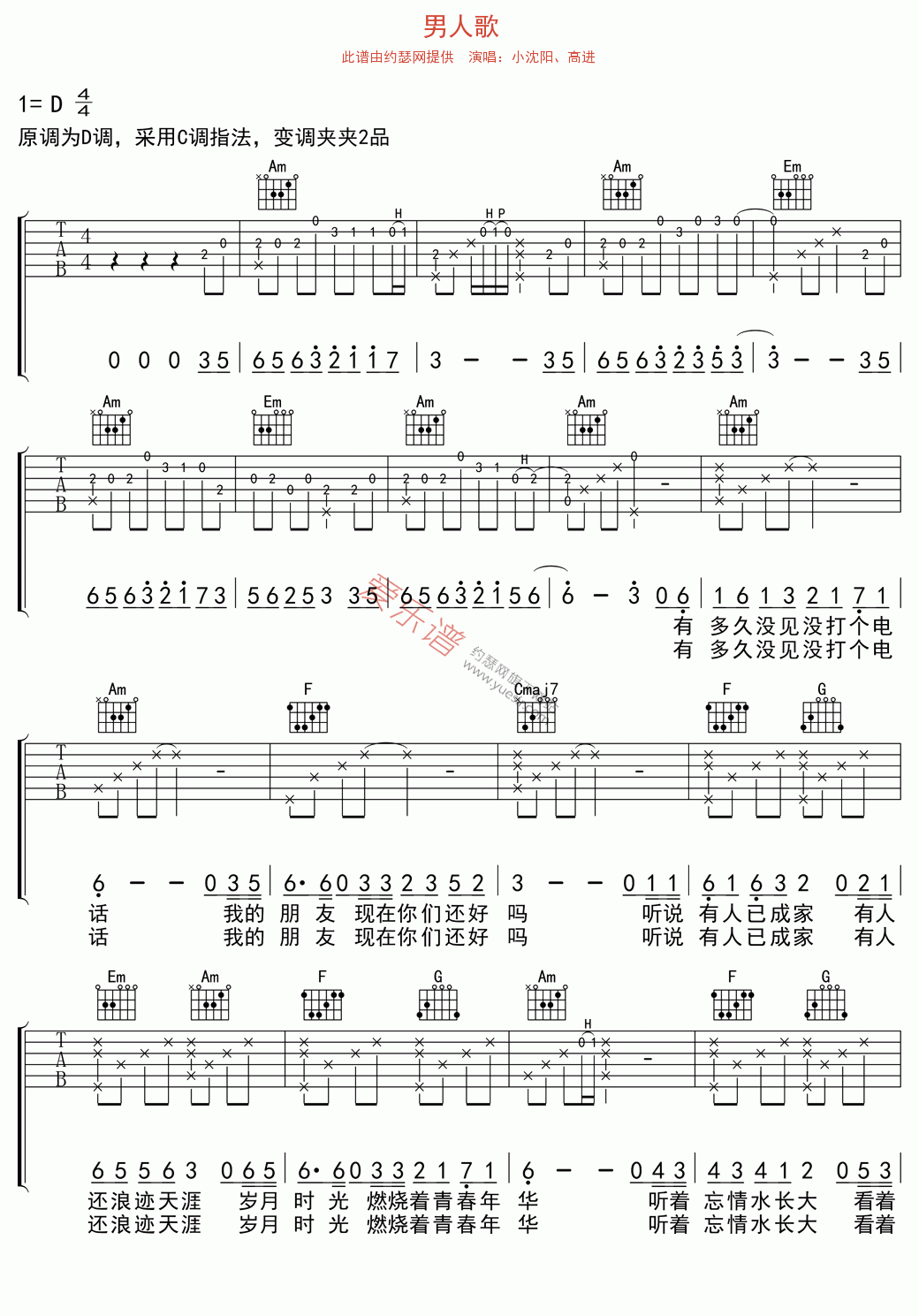 男人歌吉他谱,简单C调原版指弹曲谱,小沈阳高清流行弹唱、高进六线乐谱