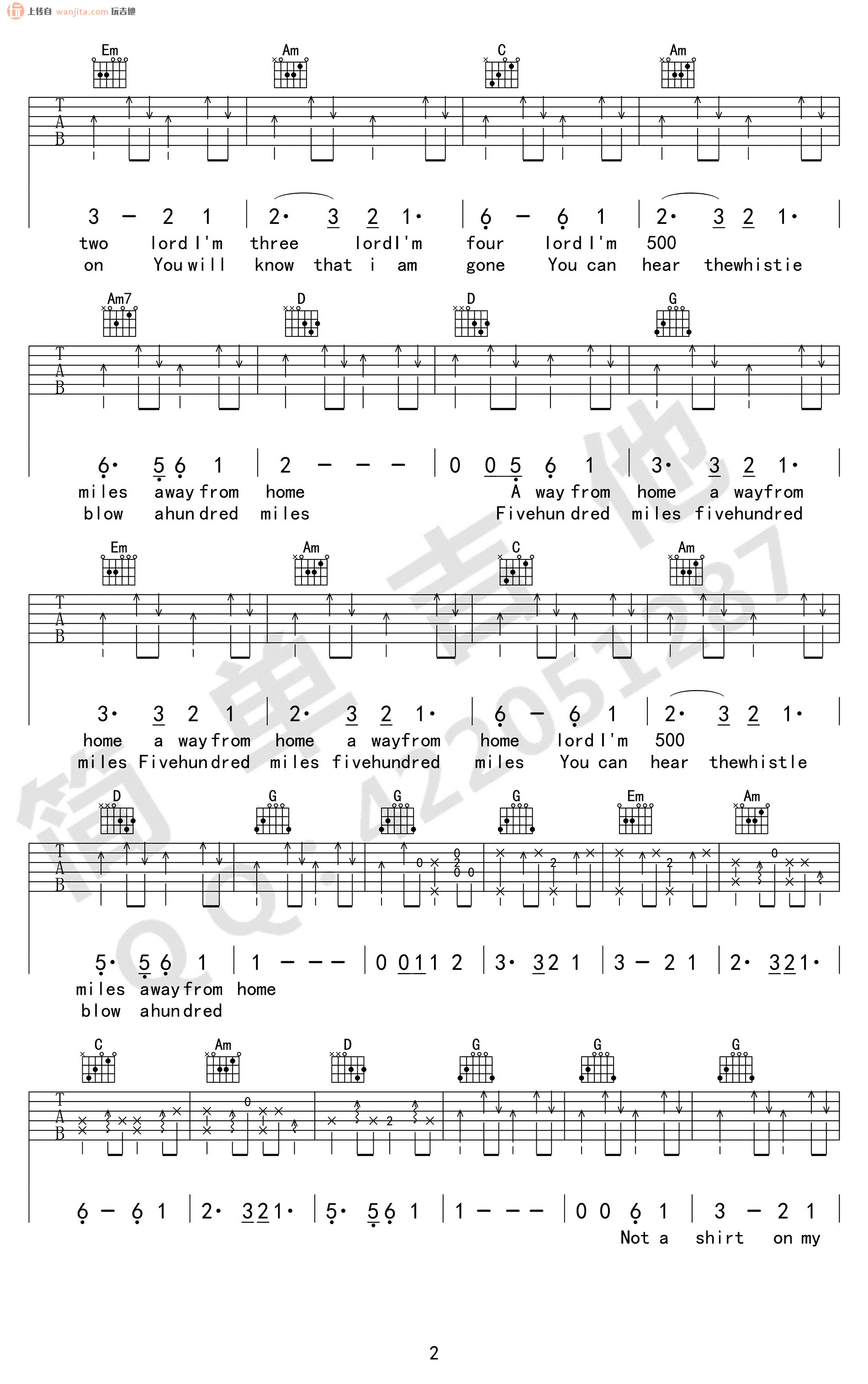 离家五百里吉他谱,原版歌曲,简单G调弹唱教学,六线谱指弹简谱2张图