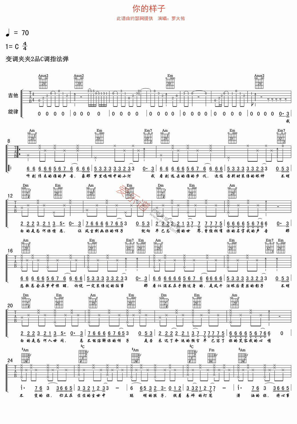 你的样子吉他谱,简单C调原版指弹曲谱,罗大佑高清流行弹唱六线乐谱