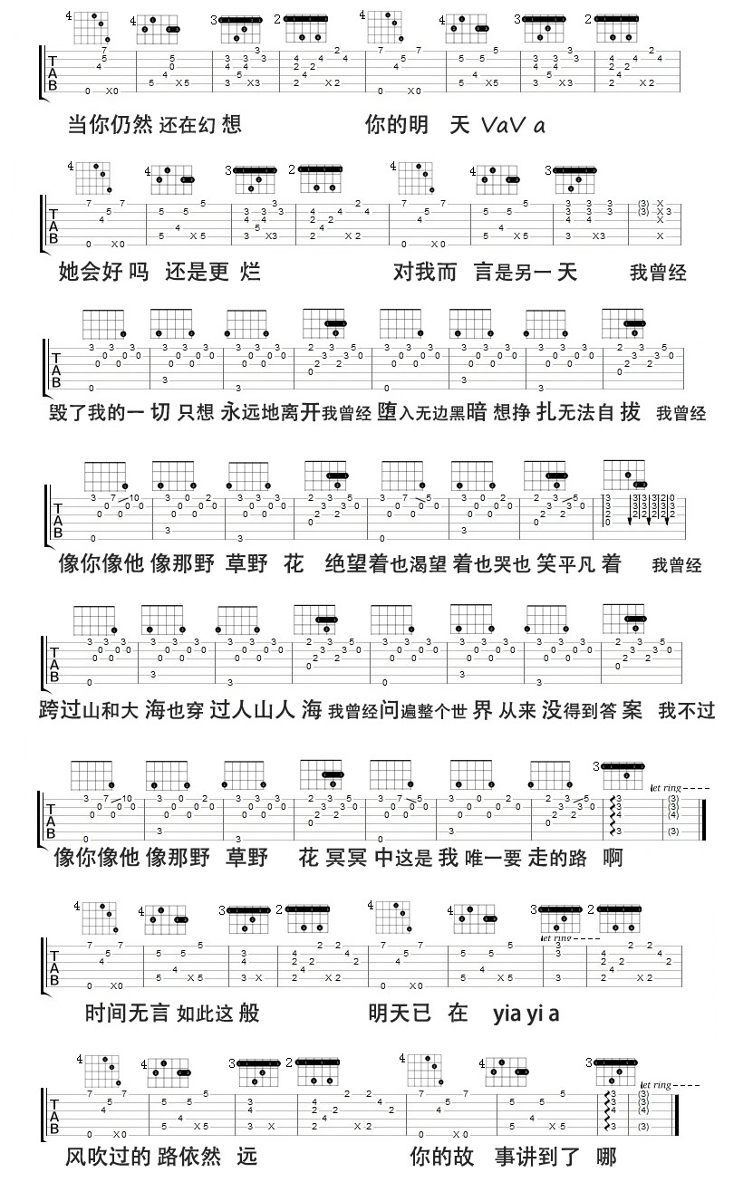 平凡之路吉他谱,简单G调原版指弹曲谱,朴树高清民谣周子琰版六线乐谱