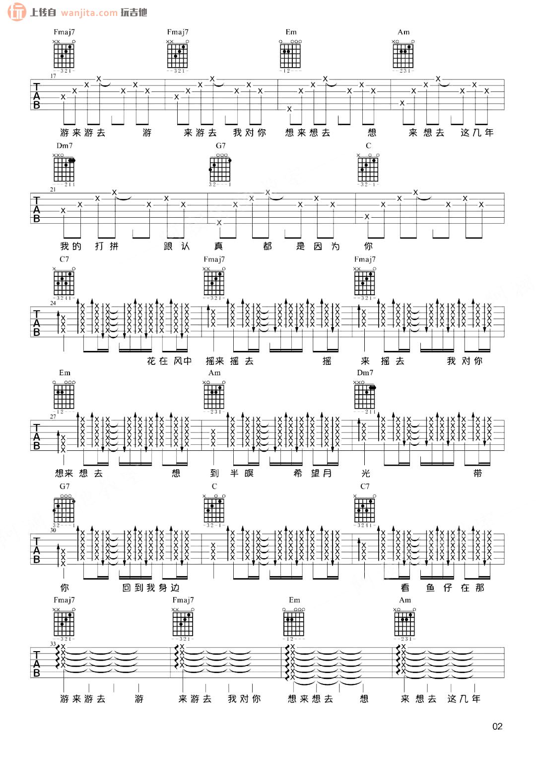 鱼仔吉他谱,原版歌曲,简单C调弹唱教学,六线谱指弹简谱2张图