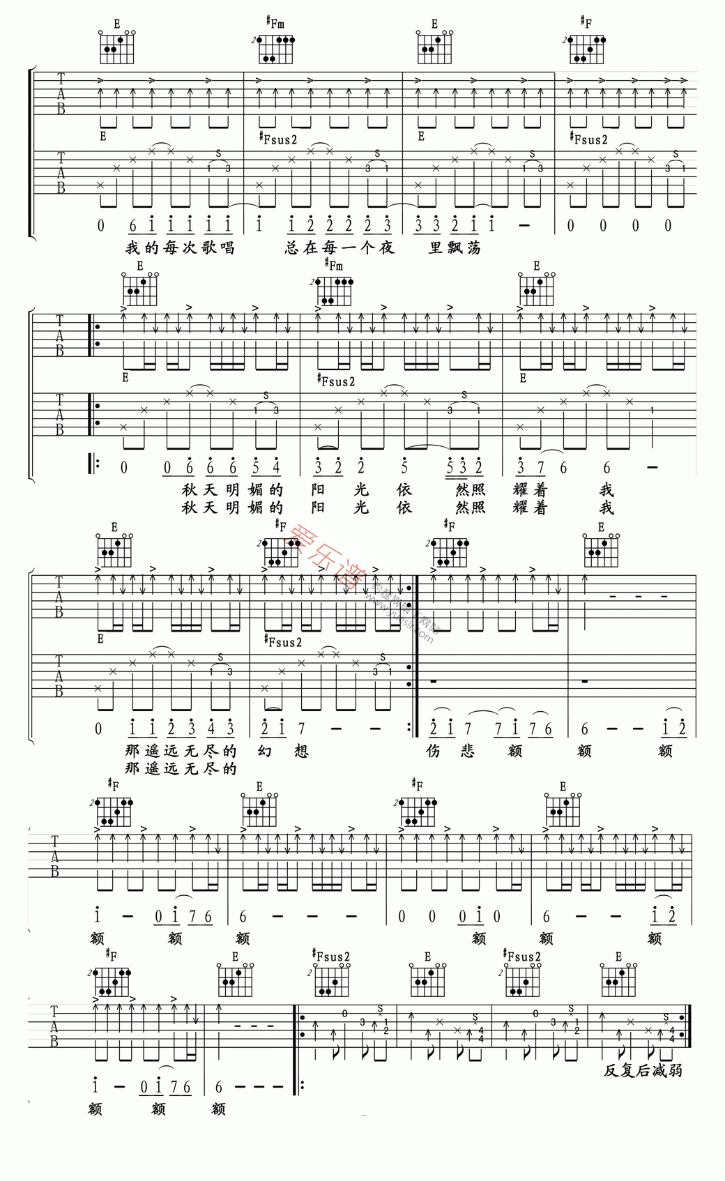 青鸟II吉他谱,简单C调原版指弹曲谱,许巍高清流行弹唱高清版六线乐谱