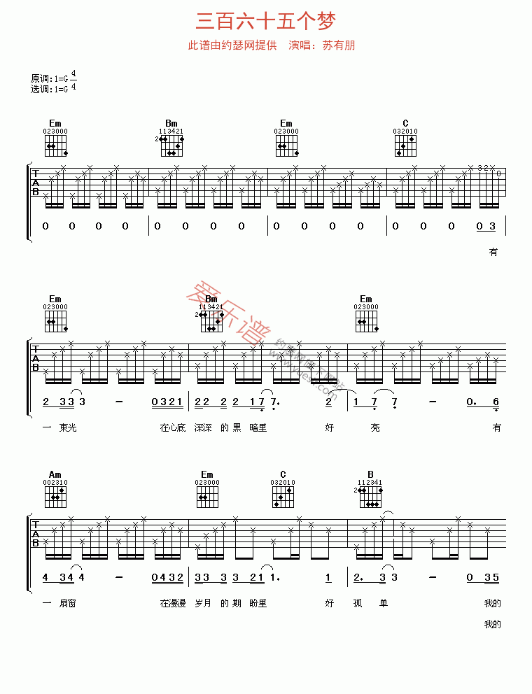 三百六十五个梦吉他谱,简单C调原版指弹曲谱,苏有朋高清流行弹唱六线乐谱