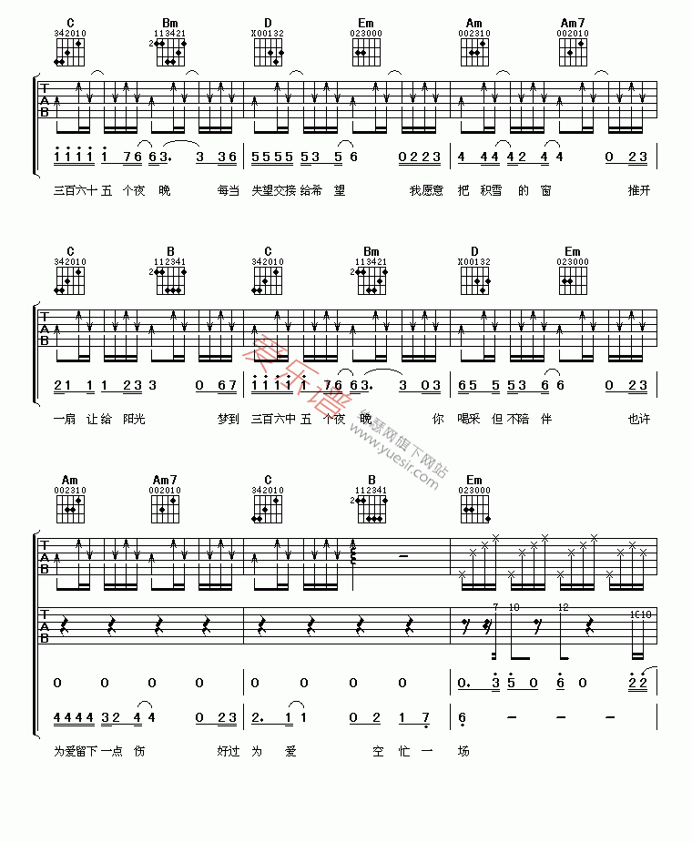 三百六十五个梦吉他谱,简单C调原版指弹曲谱,苏有朋高清流行弹唱六线乐谱