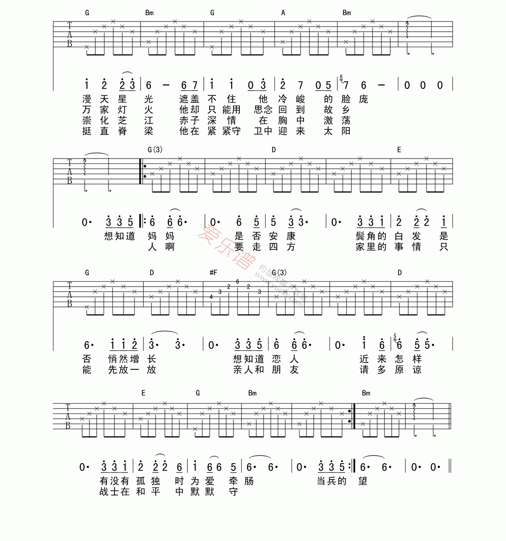 他在那里站岗吉他谱,简单C调原版指弹曲谱,许飞高清流行弹唱六线乐谱