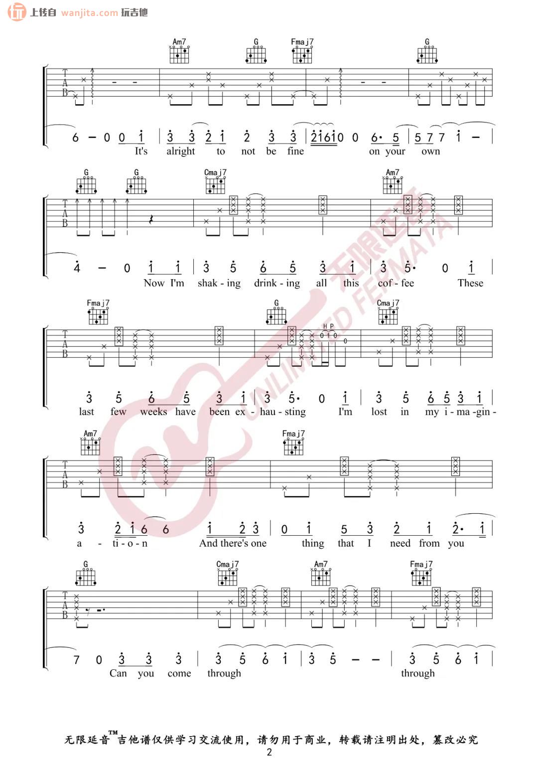 Comethru吉他谱,原版歌曲,简单C调弹唱教学,六线谱指弹简谱2张图