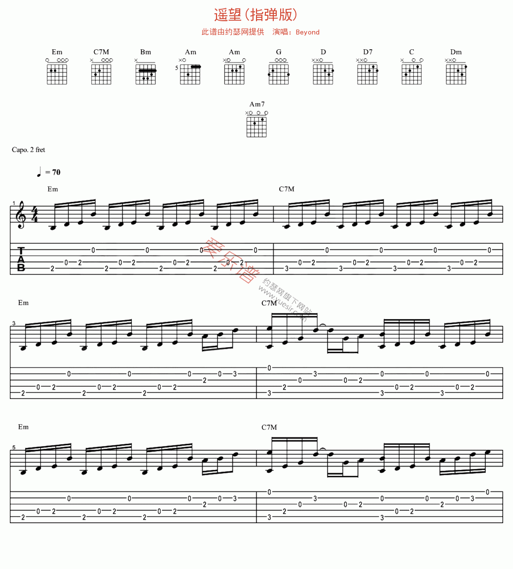 遥望吉他谱,简单C调原版指弹曲谱,Beyond高清流行弹唱版六线乐谱