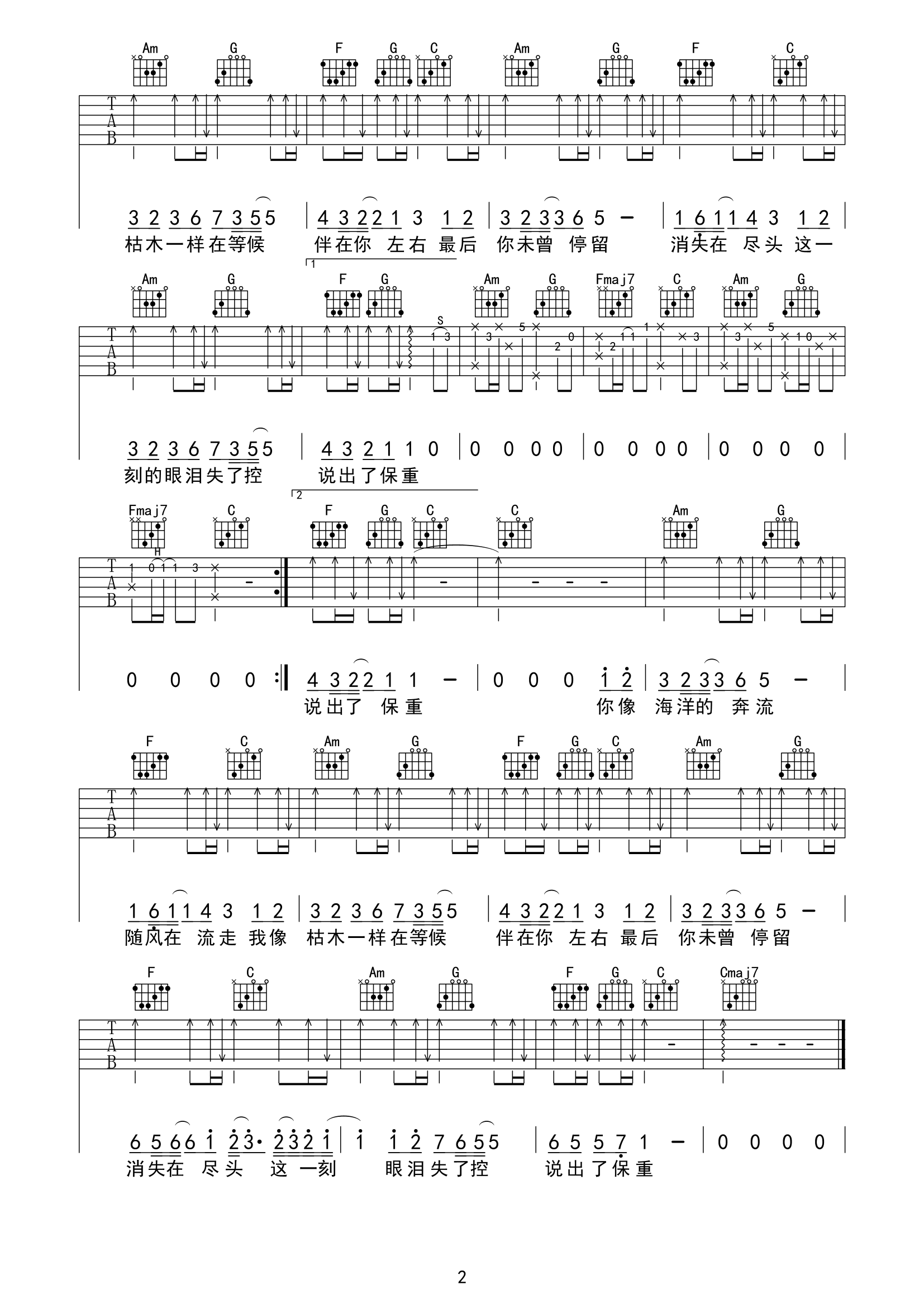 枯木与海吉他谱,原版歌曲,简单C调弹唱教学,六线谱指弹简谱2张图