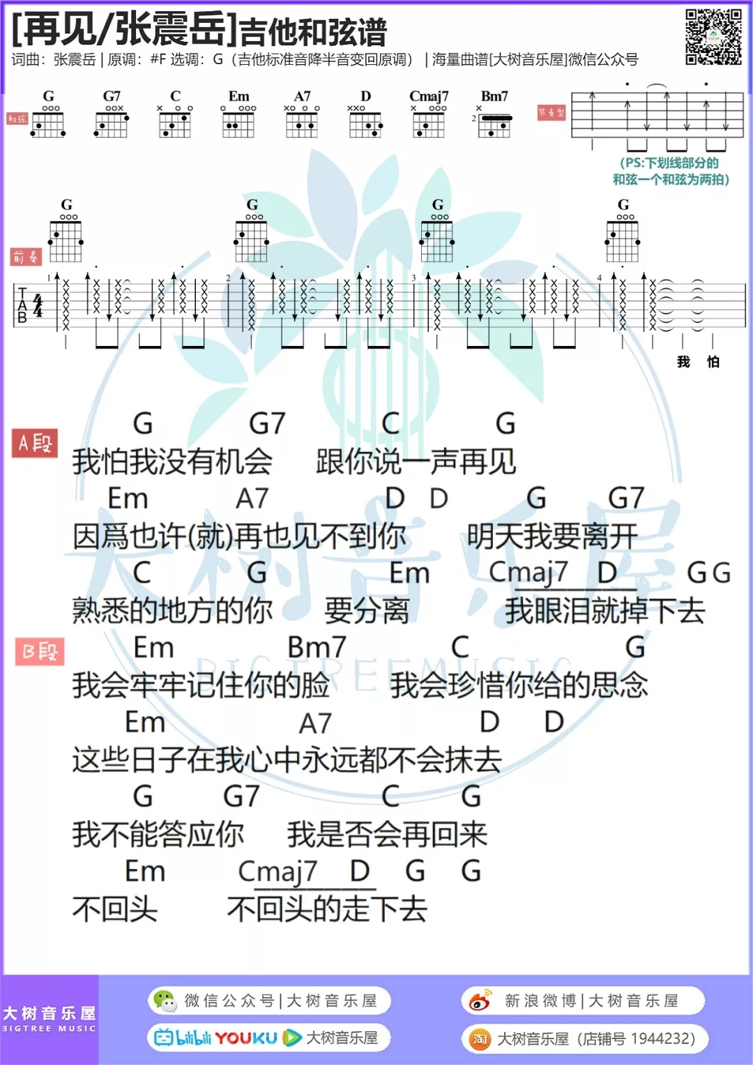 再见吉他谱,简单G调原版指弹曲谱,张震岳高清流行弹唱六线乐谱