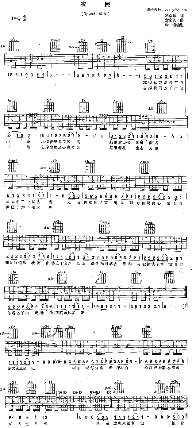 农民吉他谱,原版歌曲,简单未知调弹唱教学,六线谱指弹简谱1张图