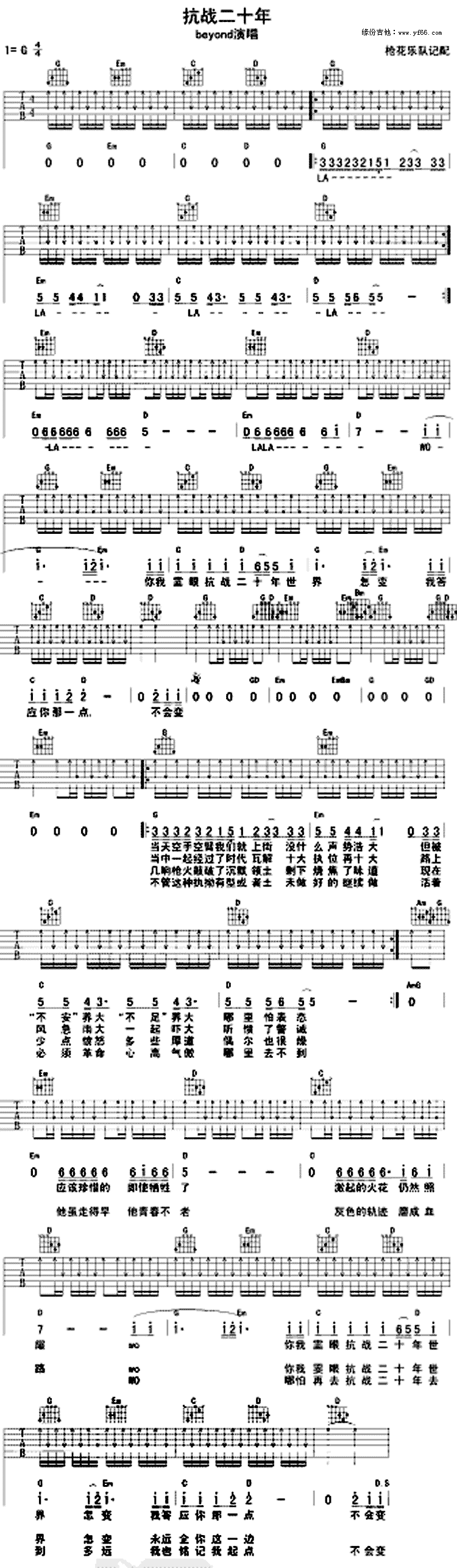 抗战二十年吉他谱,原版歌曲,简单未知调弹唱教学,六线谱指弹简谱1张图