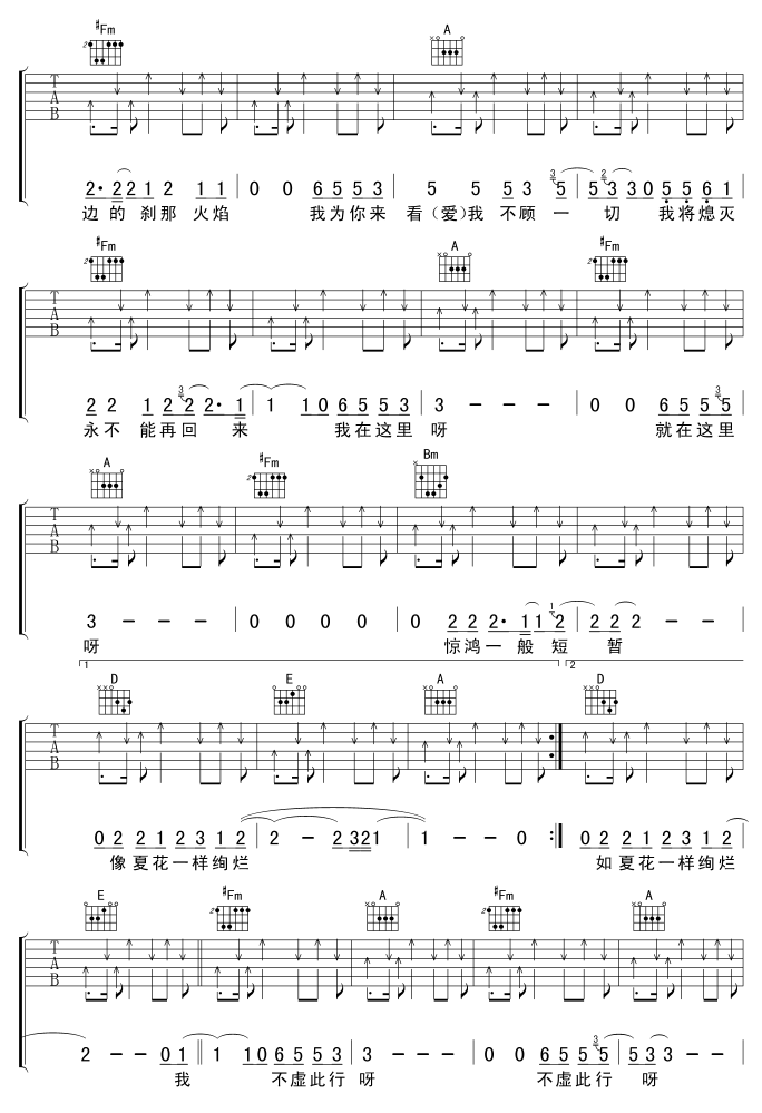 生如夏花吉他谱,原版歌曲,简单未知调弹唱教学,六线谱指弹简谱2张图