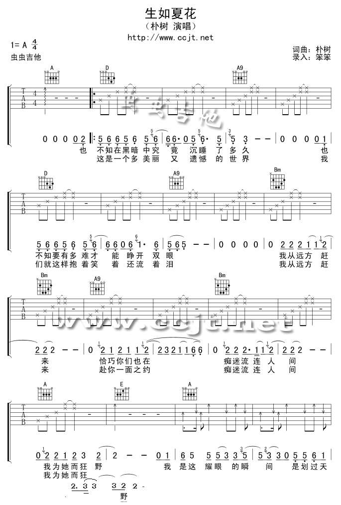 生如夏花吉他谱,原版歌曲,简单未知调弹唱教学,六线谱指弹简谱2张图