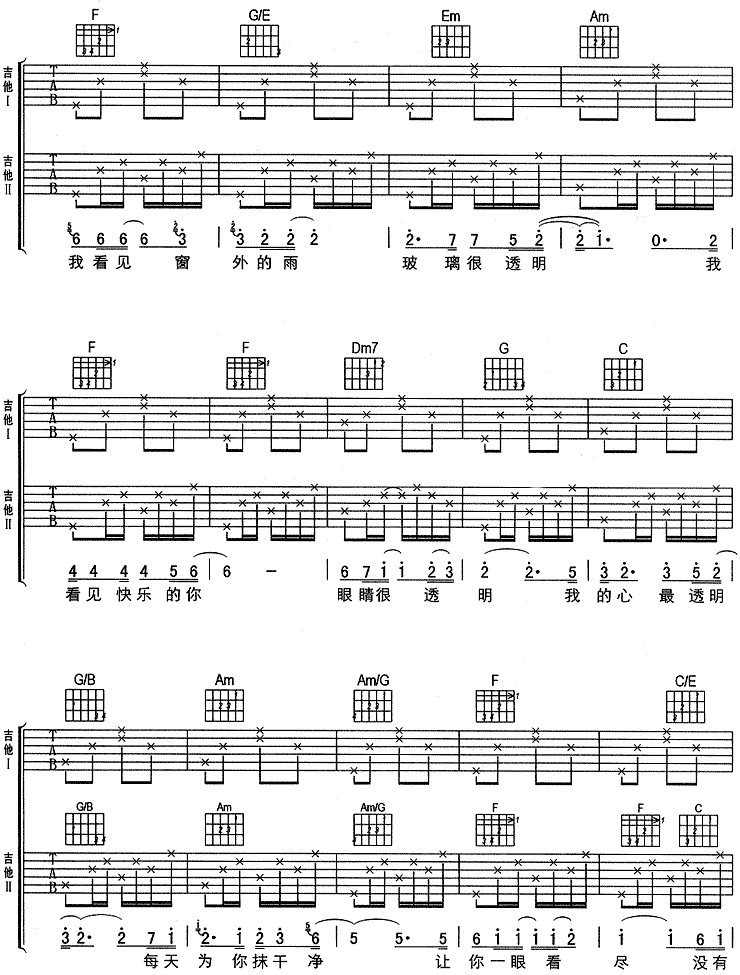 透明吉他谱,原版歌曲,简单未知调弹唱教学,六线谱指弹简谱2张图