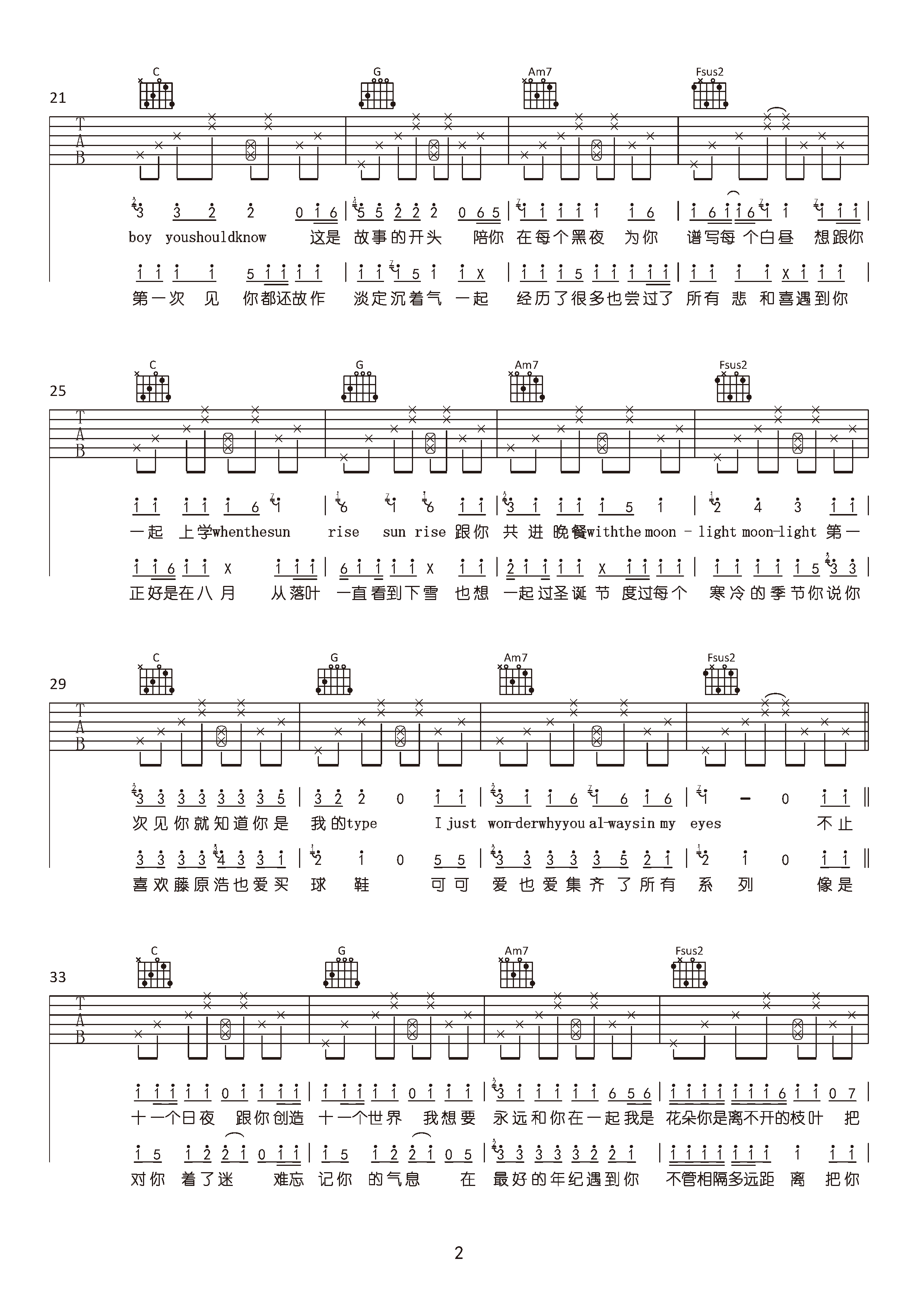11吉他谱,原版歌曲,简单C调弹唱教学,六线谱指弹简谱2张图