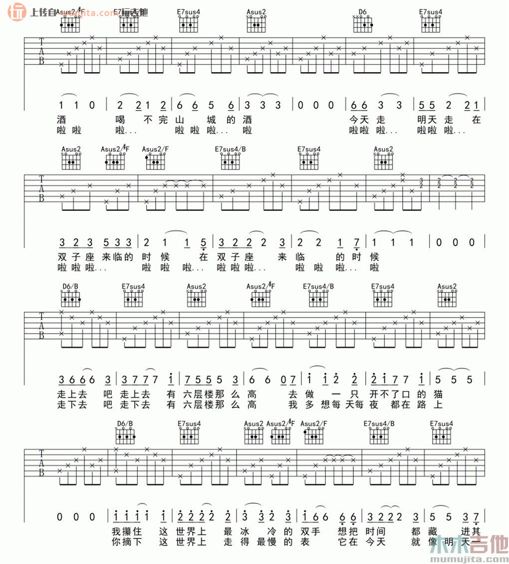 六层楼吉他谱,原版歌曲,简单未知调弹唱教学,六线谱指弹简谱2张图