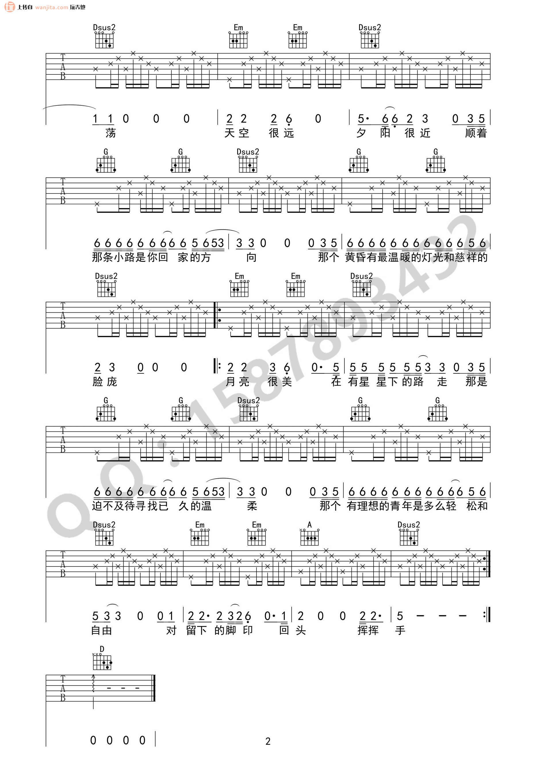 背影吉他谱,原版歌曲,简单D调弹唱教学,六线谱指弹简谱2张图