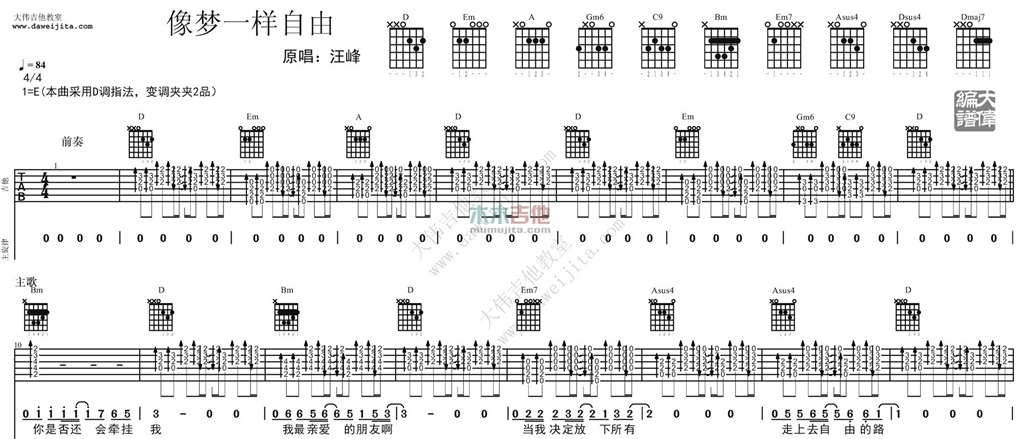 像梦一样自由吉他谱,原版歌曲,简单D调弹唱教学,六线谱指弹简谱2张图