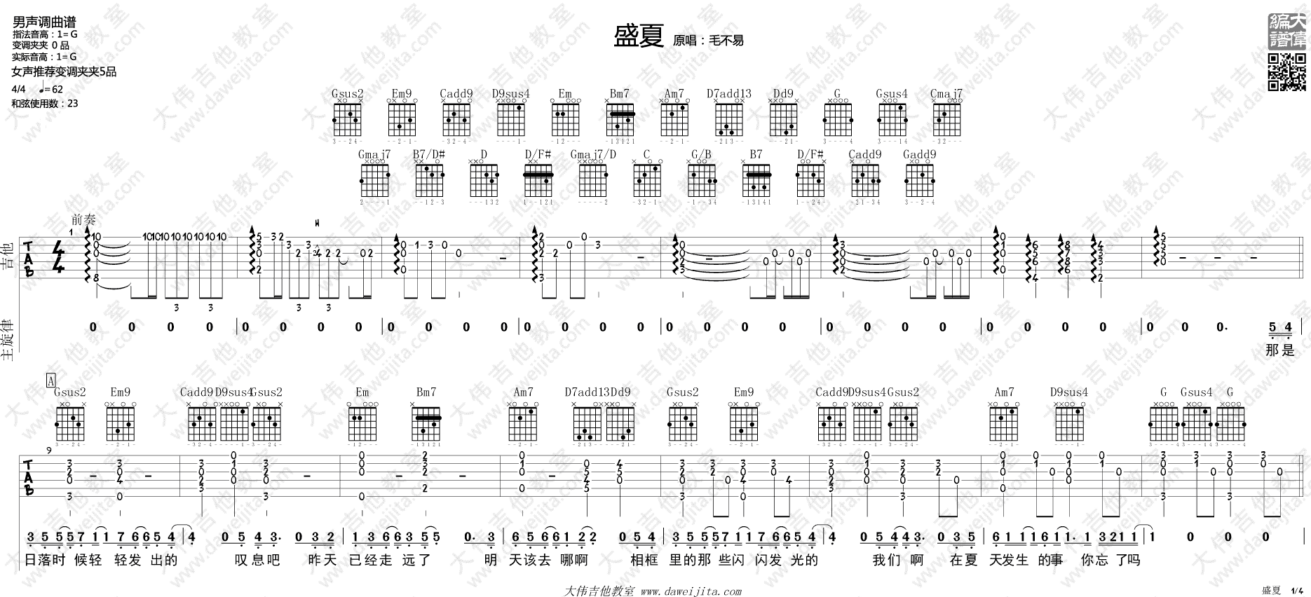 盛夏吉他谱,原版歌曲,简单未知调弹唱教学,六线谱指弹简谱2张图