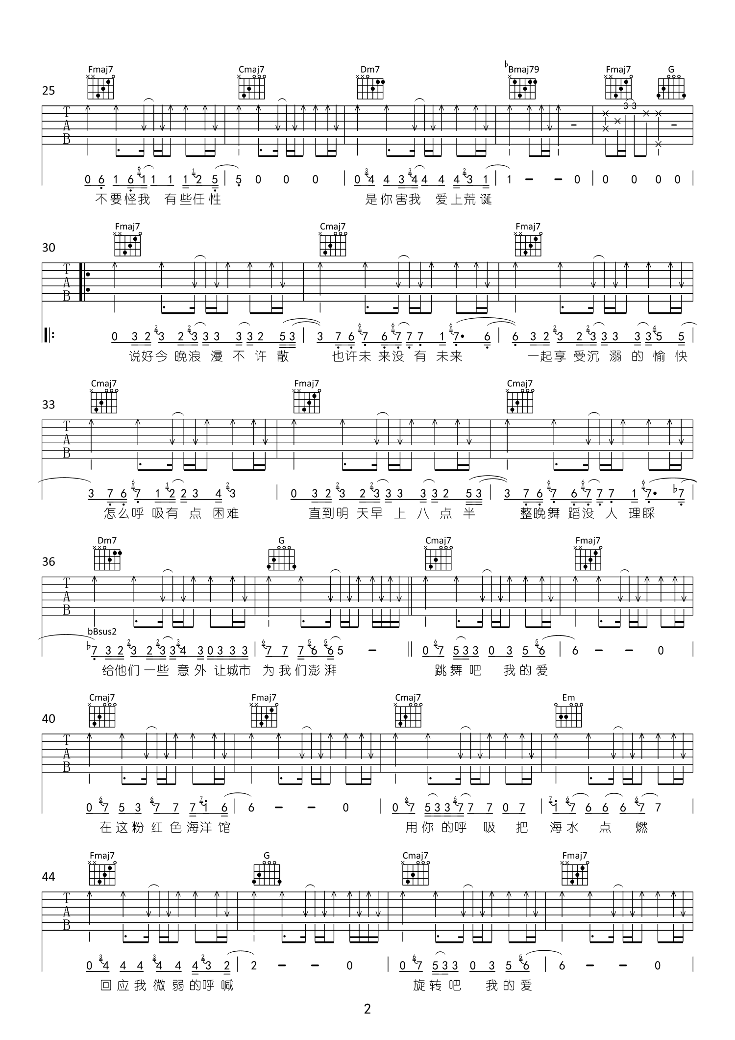 粉红海洋馆吉他谱,原版歌曲,简单C调弹唱教学,六线谱指弹简谱2张图