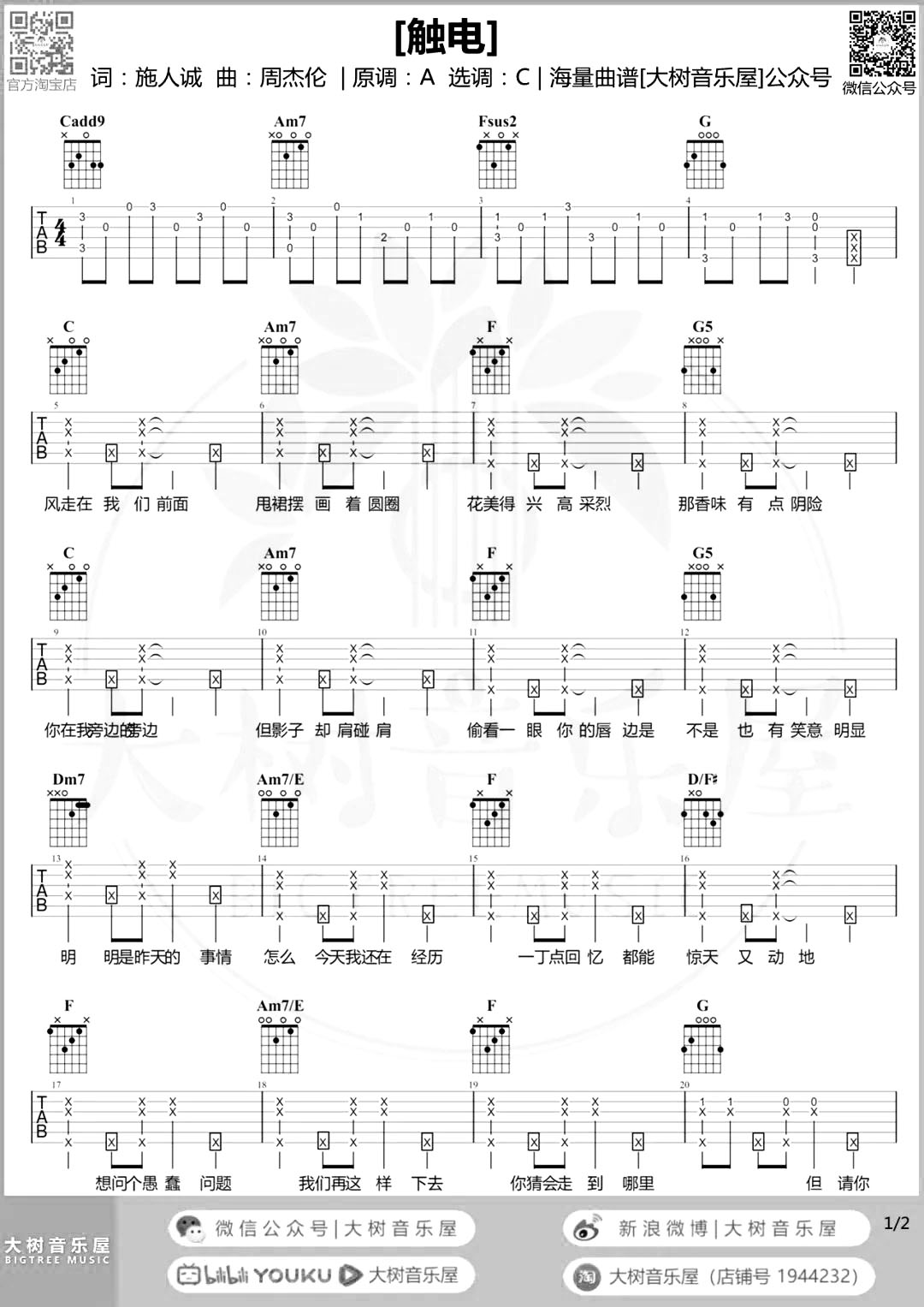 触电吉他谱,原版歌曲,简单C调弹唱教学,六线谱指弹简谱2张图