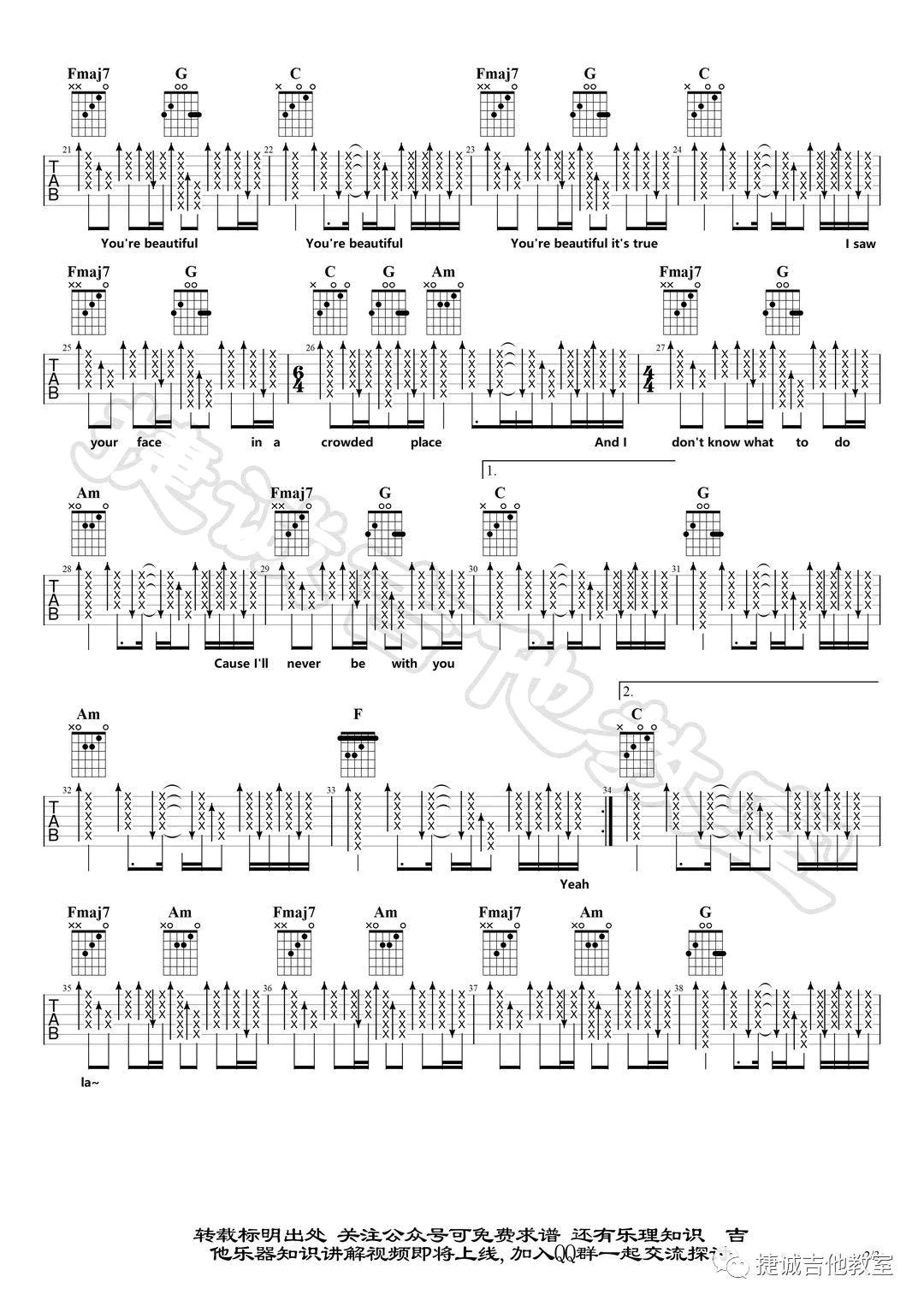 You'reBeautiful吉他谱,原版歌曲,简单C调弹唱教学,六线谱指弹简谱3张图